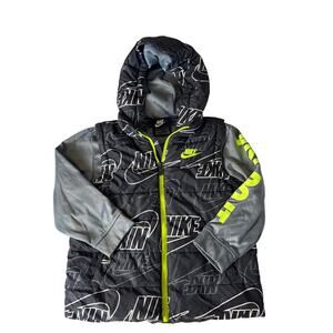 Nike Boys Puffer Hooded Jacket Size 7 Gray Black Neon Logo